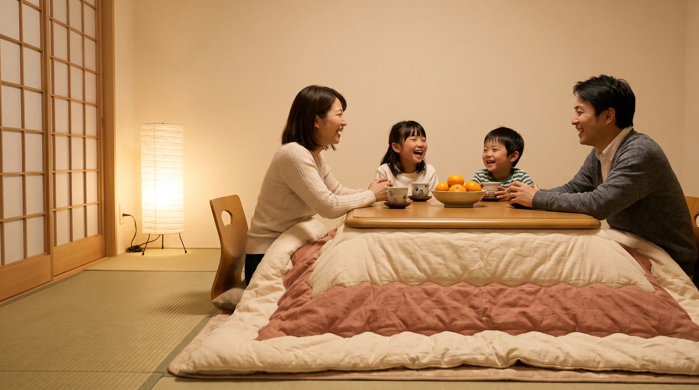 Une famille japonaise réunie autour d’un kotatsu, en hiver